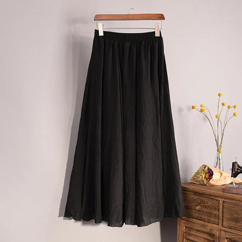Lace Girl Fashion Women Linen Cotton Long Skirts Autumn Women Pleated Maxi Skirts Retro Ladies Slim Elastic Waist Casual Skirt