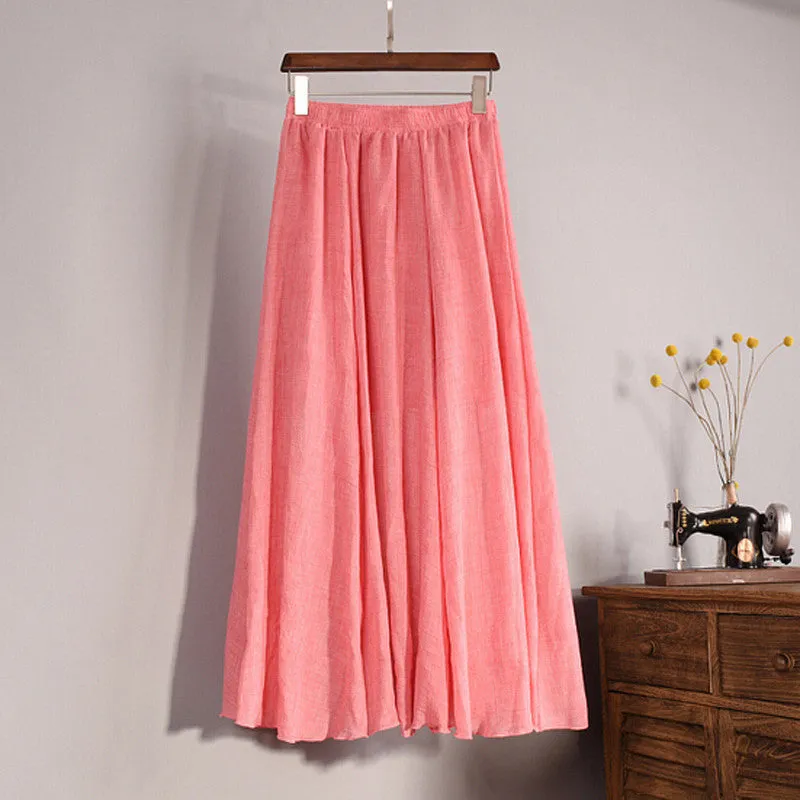 Lace Girl Fashion Women Linen Cotton Long Skirts Autumn Women Pleated Maxi Skirts Retro Ladies Slim Elastic Waist Casual Skirt