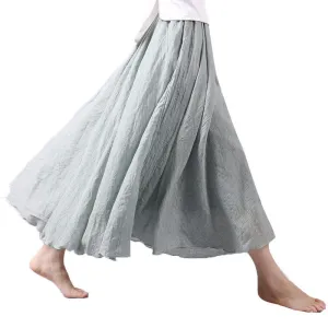 Lace Girl Fashion Women Linen Cotton Long Skirts Autumn Women Pleated Maxi Skirts Retro Ladies Slim Elastic Waist Casual Skirt