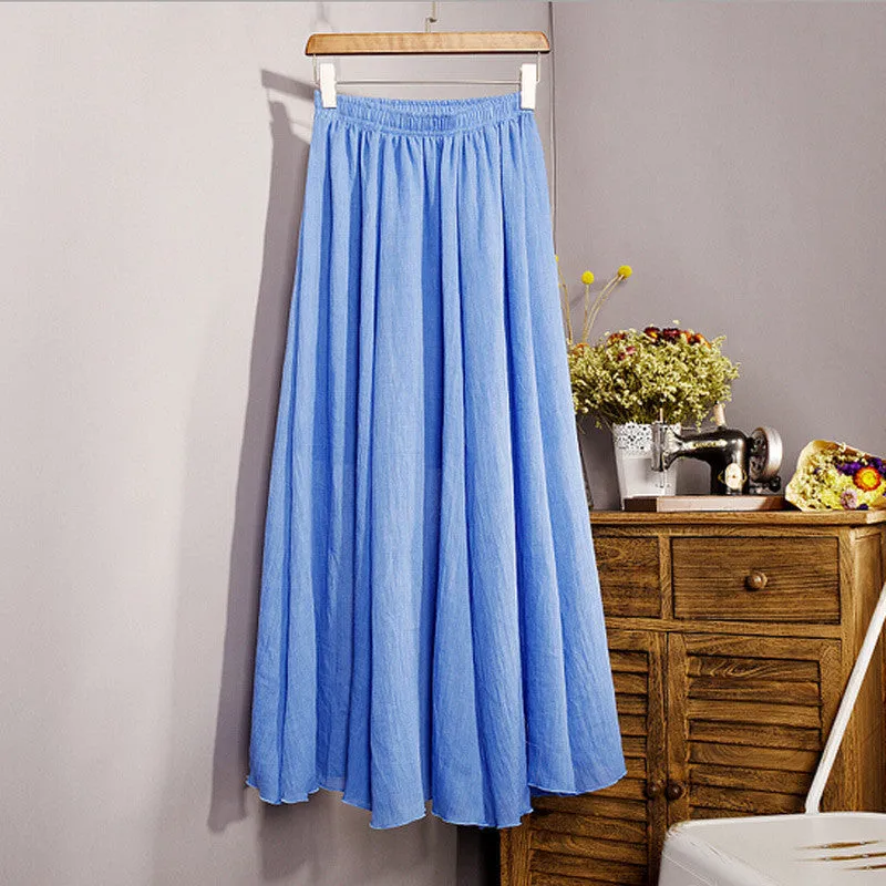 Lace Girl Fashion Women Linen Cotton Long Skirts Autumn Women Pleated Maxi Skirts Retro Ladies Slim Elastic Waist Casual Skirt