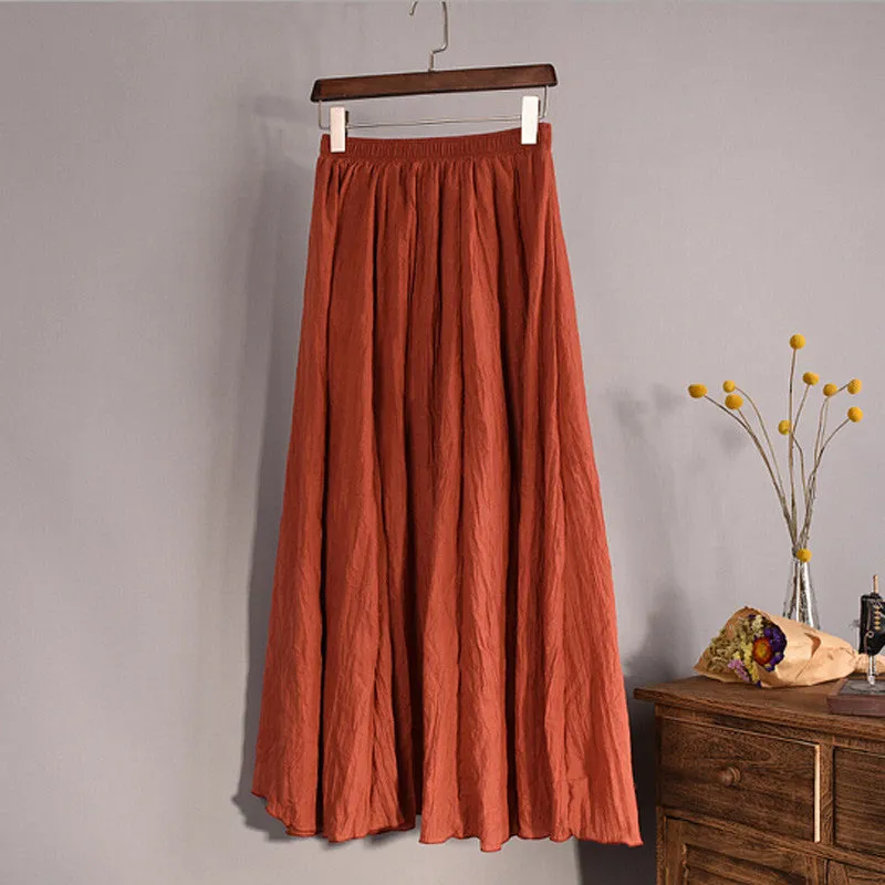 Lace Girl Fashion Women Linen Cotton Long Skirts Autumn Women Pleated Maxi Skirts Retro Ladies Slim Elastic Waist Casual Skirt