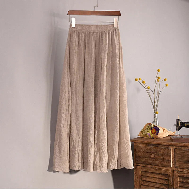 Lace Girl Fashion Women Linen Cotton Long Skirts Autumn Women Pleated Maxi Skirts Retro Ladies Slim Elastic Waist Casual Skirt