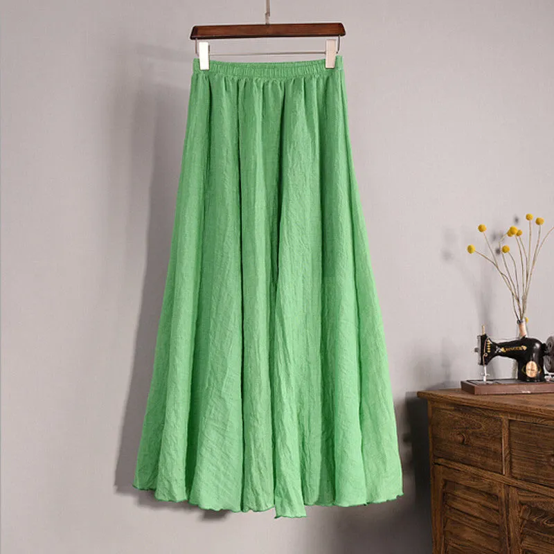 Lace Girl Fashion Women Linen Cotton Long Skirts Autumn Women Pleated Maxi Skirts Retro Ladies Slim Elastic Waist Casual Skirt