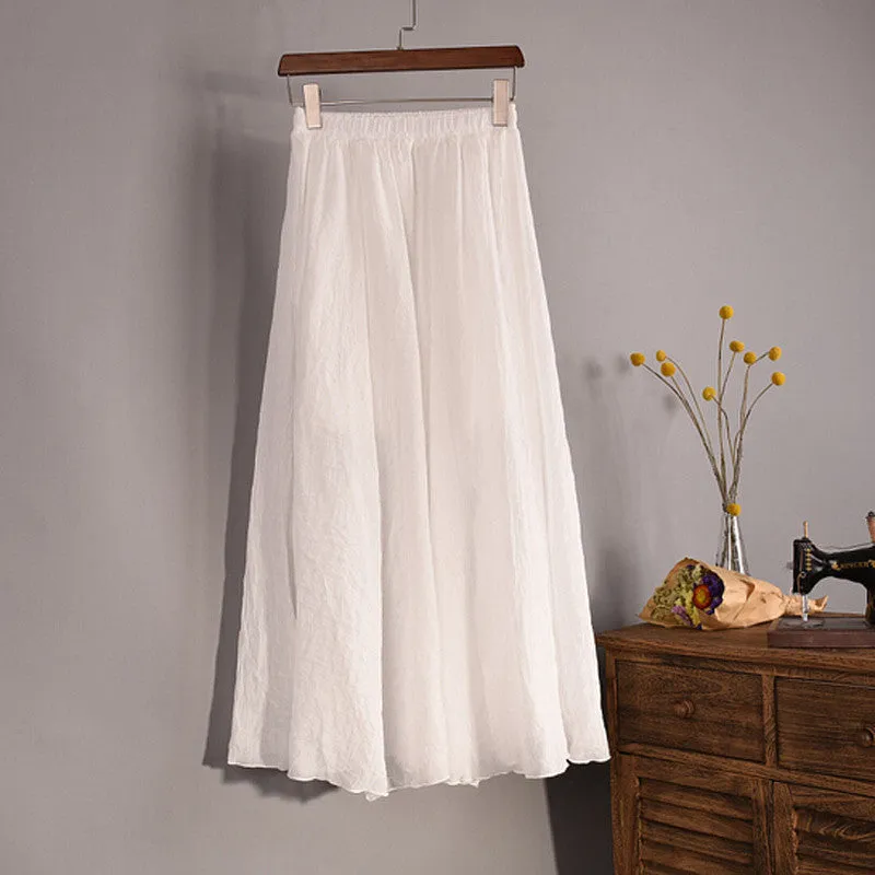 Lace Girl Fashion Women Linen Cotton Long Skirts Autumn Women Pleated Maxi Skirts Retro Ladies Slim Elastic Waist Casual Skirt