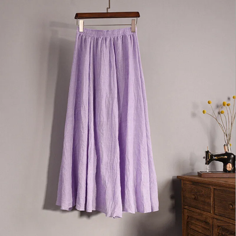 Lace Girl Fashion Women Linen Cotton Long Skirts Autumn Women Pleated Maxi Skirts Retro Ladies Slim Elastic Waist Casual Skirt