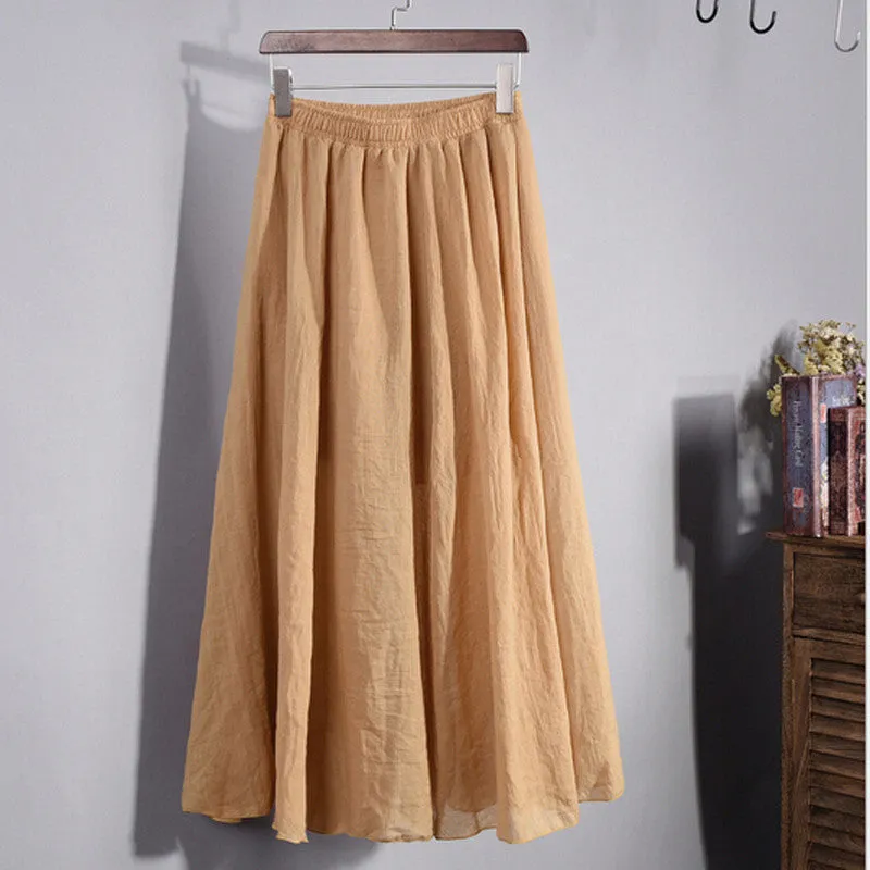 Lace Girl Fashion Women Linen Cotton Long Skirts Autumn Women Pleated Maxi Skirts Retro Ladies Slim Elastic Waist Casual Skirt