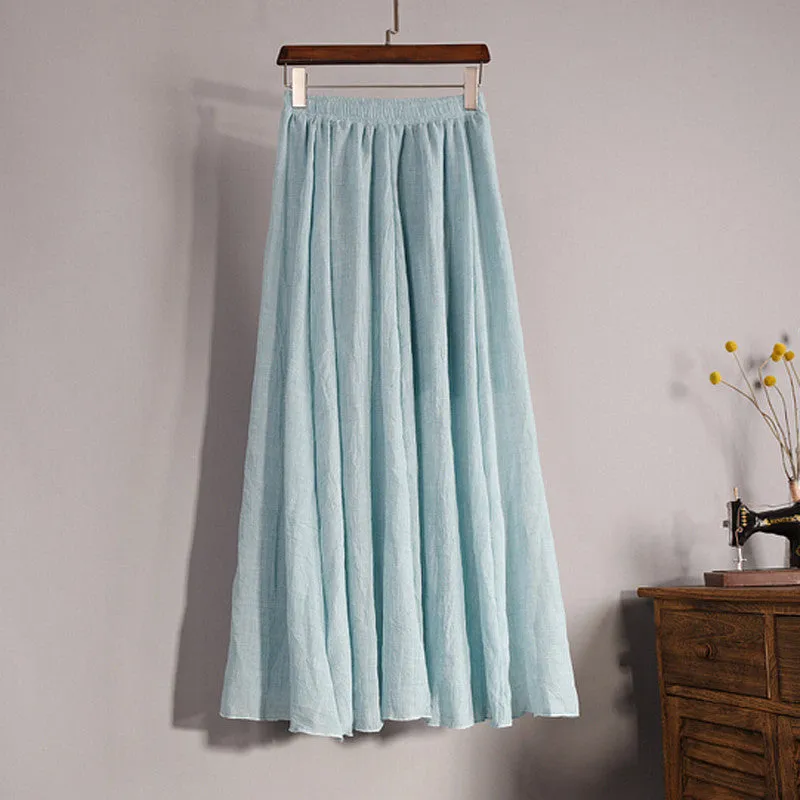 Lace Girl Fashion Women Linen Cotton Long Skirts Autumn Women Pleated Maxi Skirts Retro Ladies Slim Elastic Waist Casual Skirt