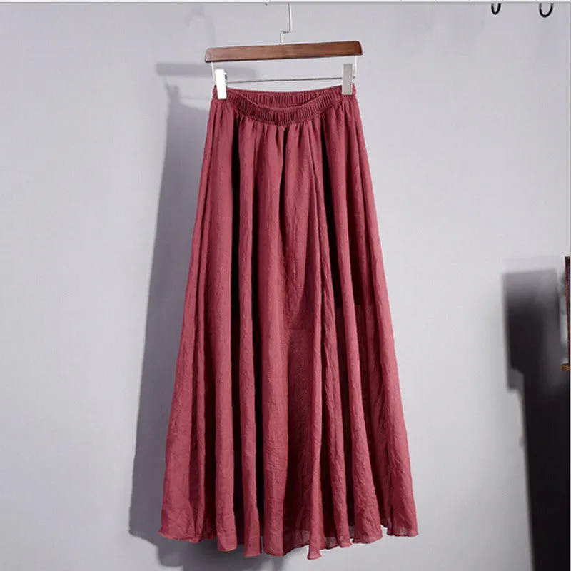 Lace Girl Fashion Women Linen Cotton Long Skirts Autumn Women Pleated Maxi Skirts Retro Ladies Slim Elastic Waist Casual Skirt