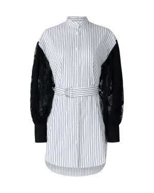 Lace-Sleeved Belted Shirt Dress