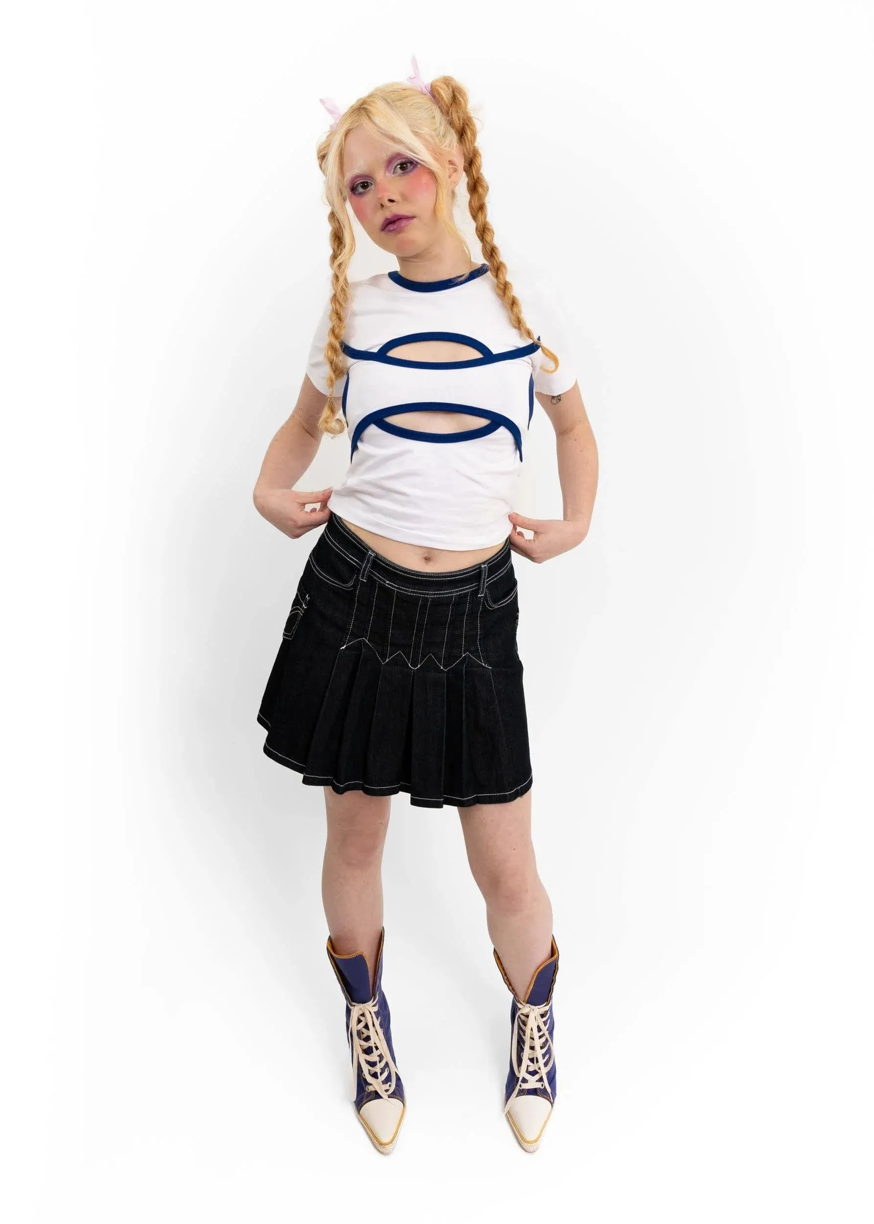 Lace up denim mini skirt