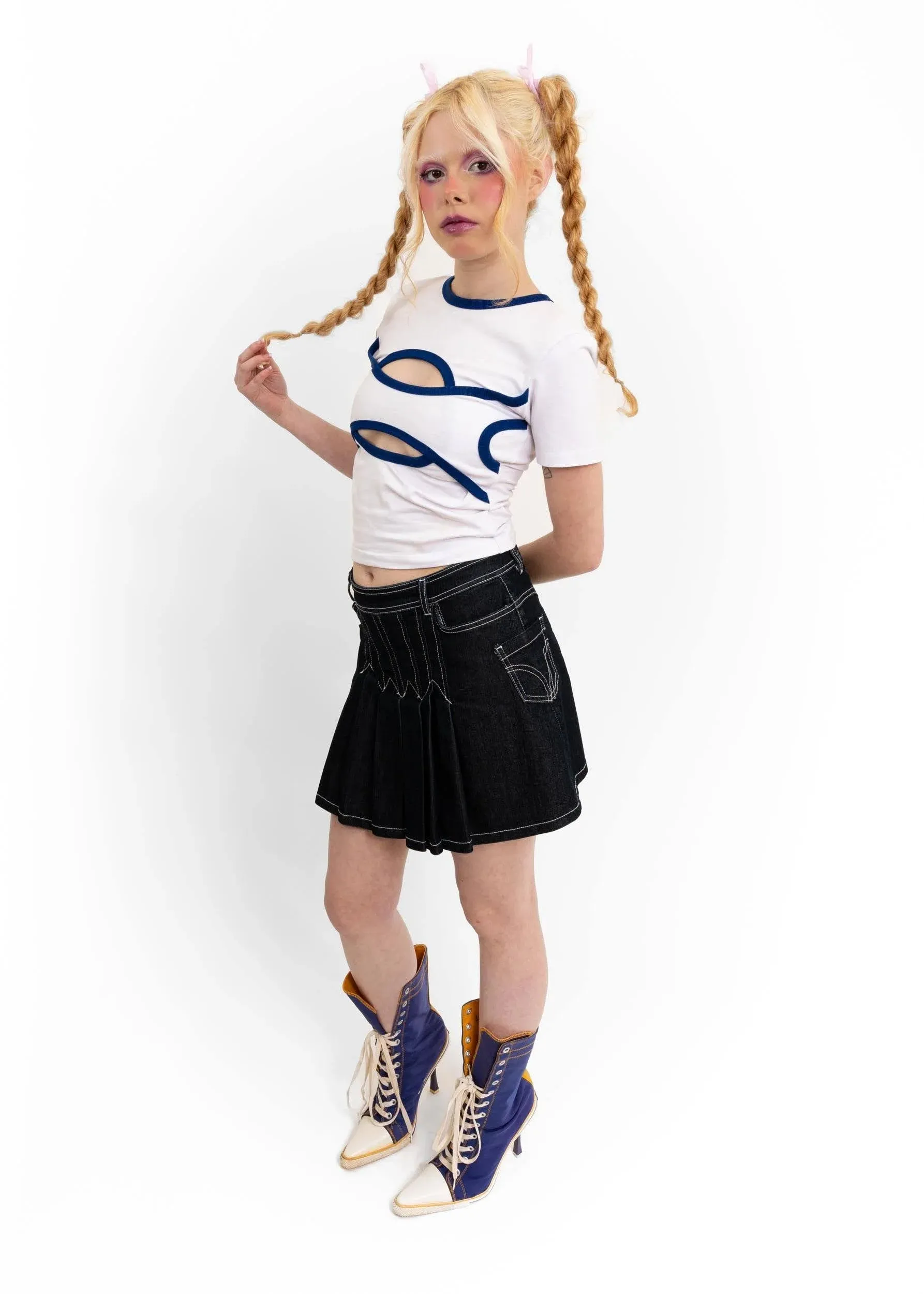 Lace up denim mini skirt