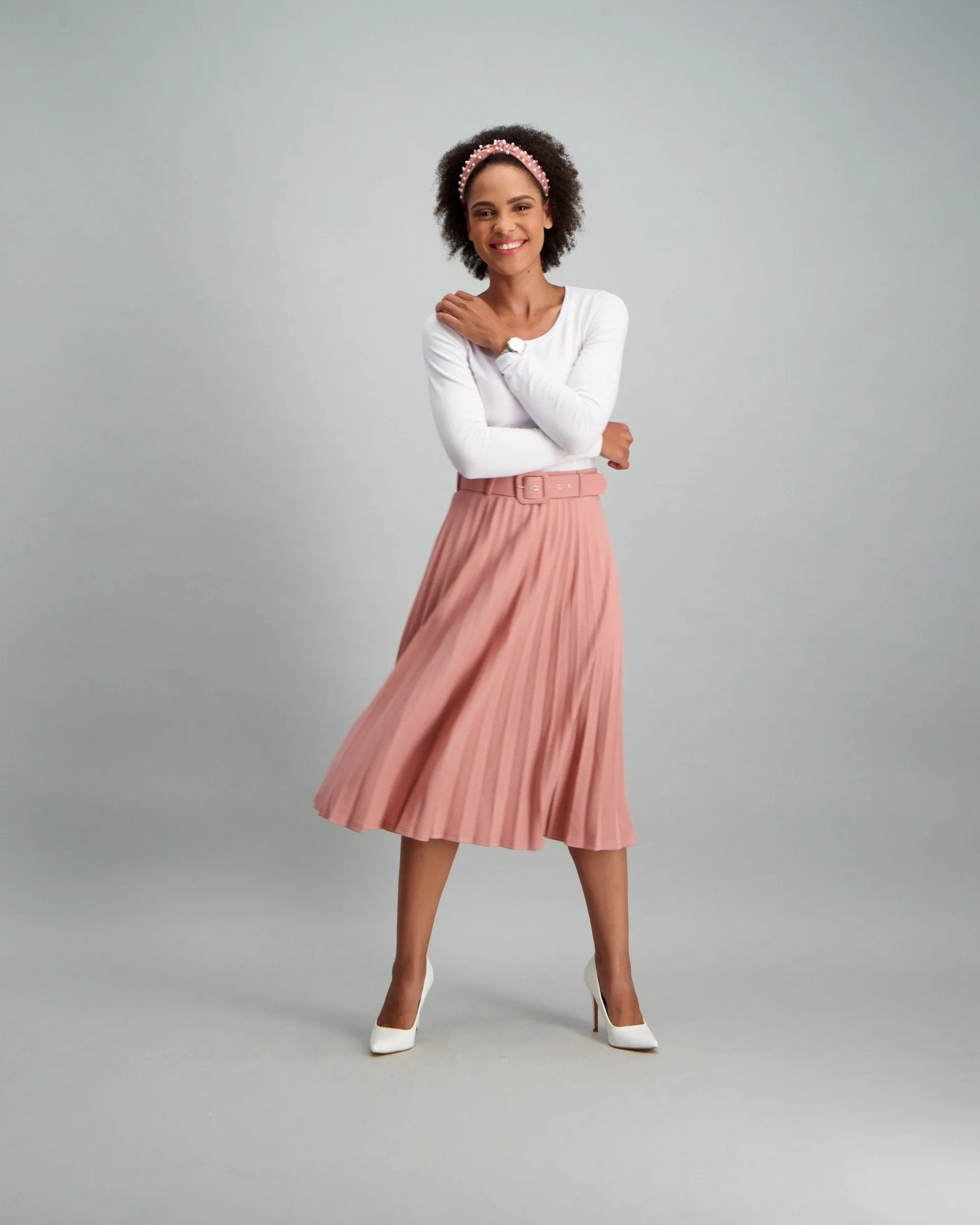 Ladies Belted Pleated Skirt - Light Pink