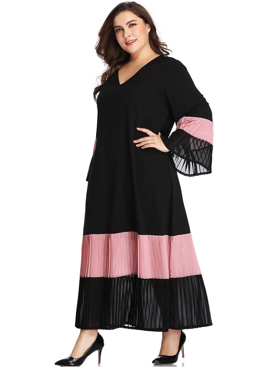 Large Size Women's Stitching Contrast Color Matching Dress Pleated Skirt Pleated Stitching