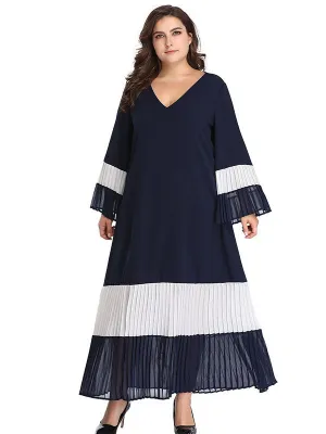 Large Size Women's Stitching Contrast Color Matching Dress Pleated Skirt Pleated Stitching