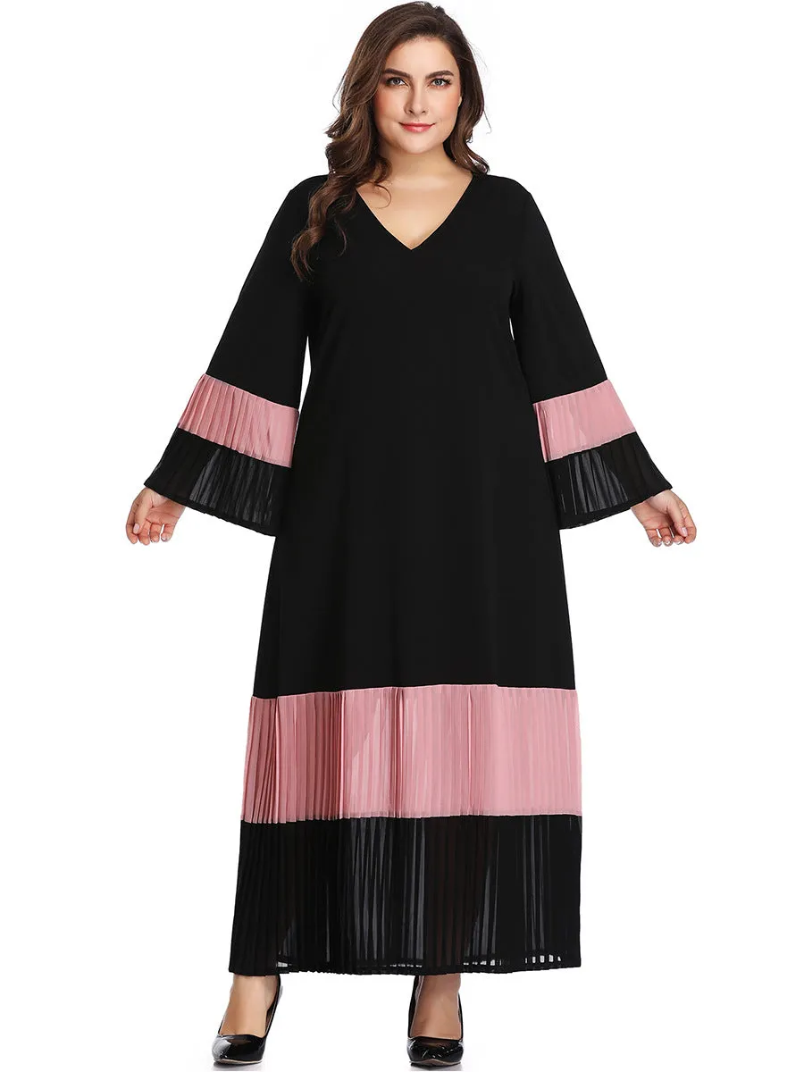 Large Size Women's Stitching Contrast Color Matching Dress Pleated Skirt Pleated Stitching