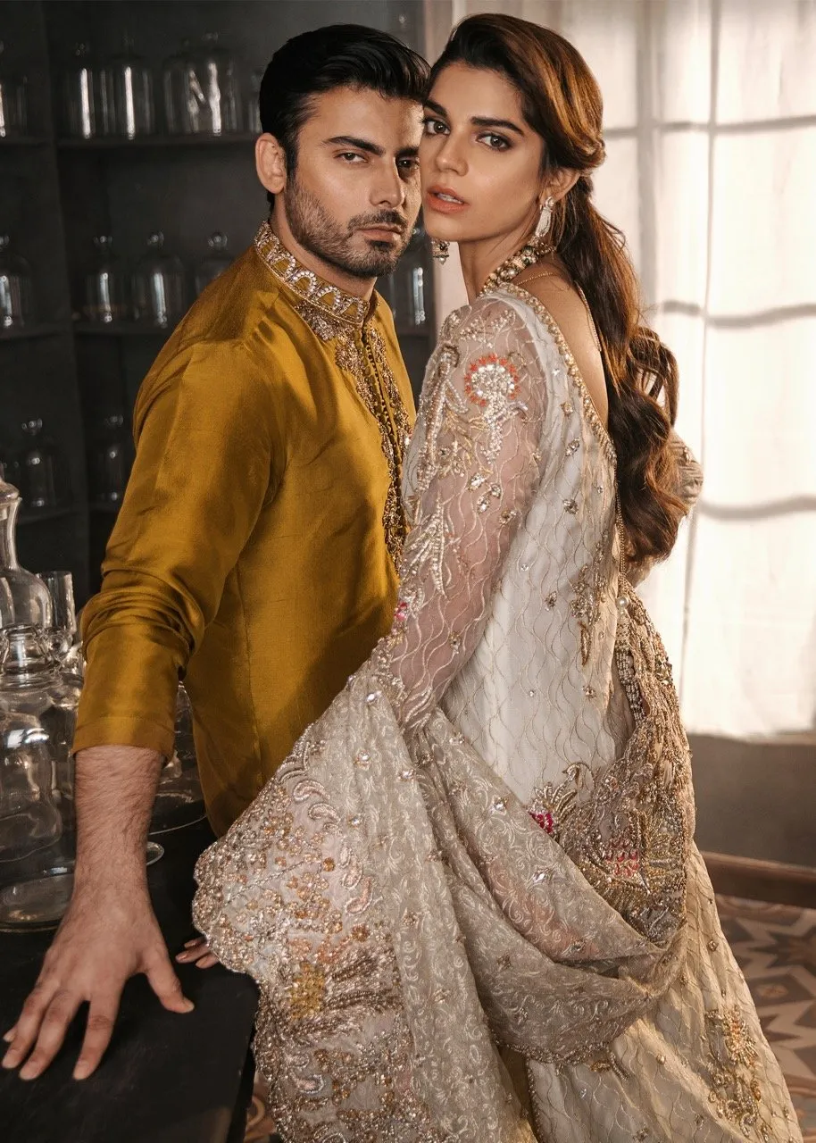 Latest Bridal Gharara in Gold Ivory # B1998