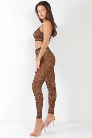 Leopard Print Sexy Sheer Mesh Sleeveless Crop Top & High Waist Legging Set /1-2-2-1