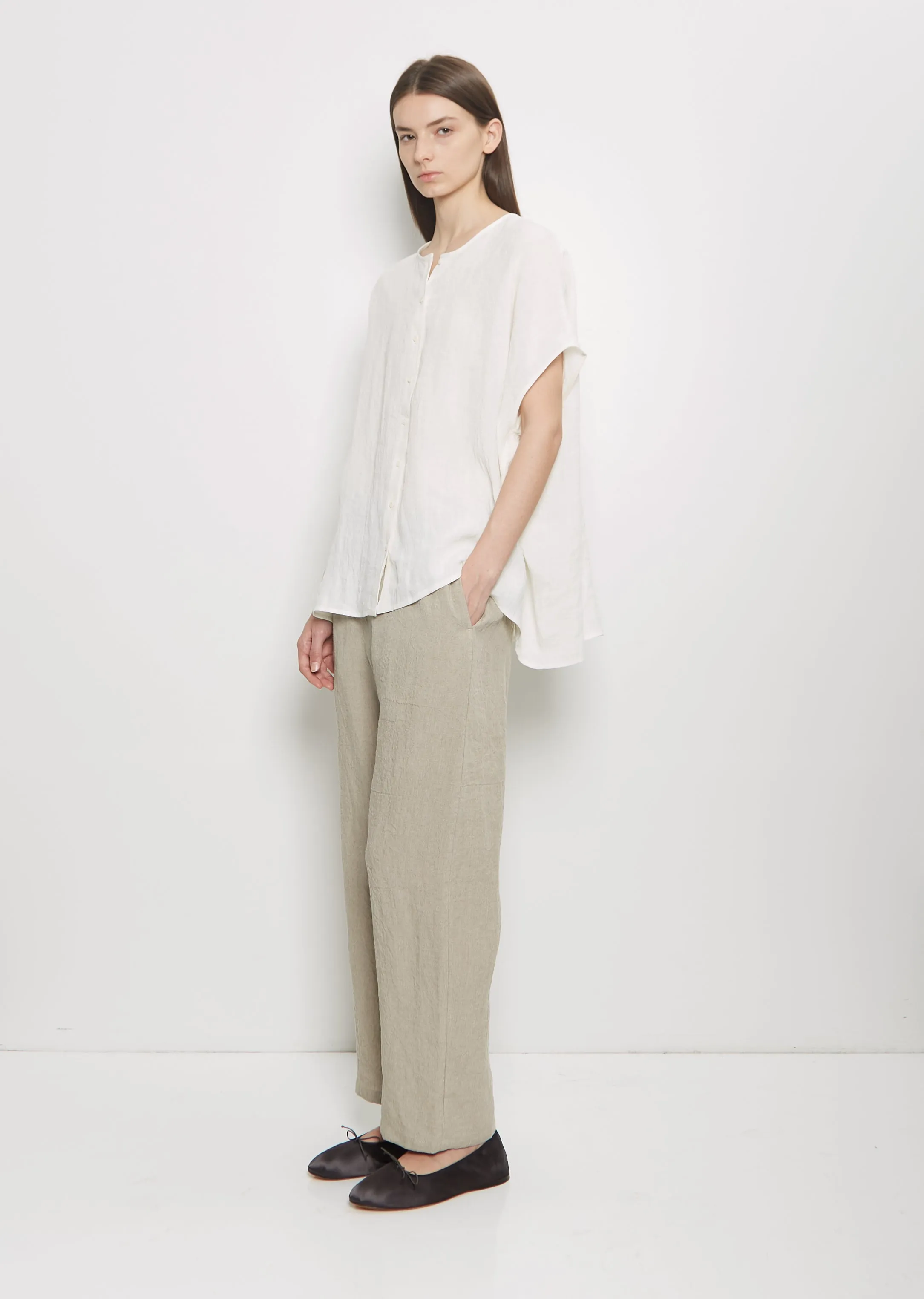 Linen Collarless Button Down Top — Milk