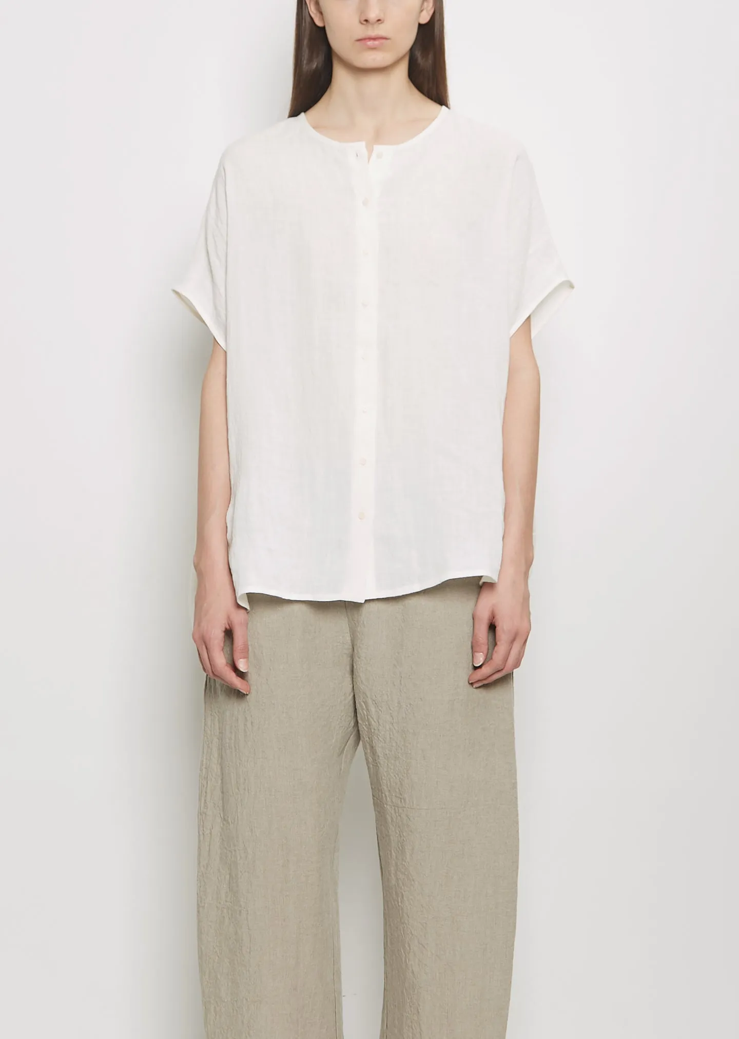 Linen Collarless Button Down Top — Milk