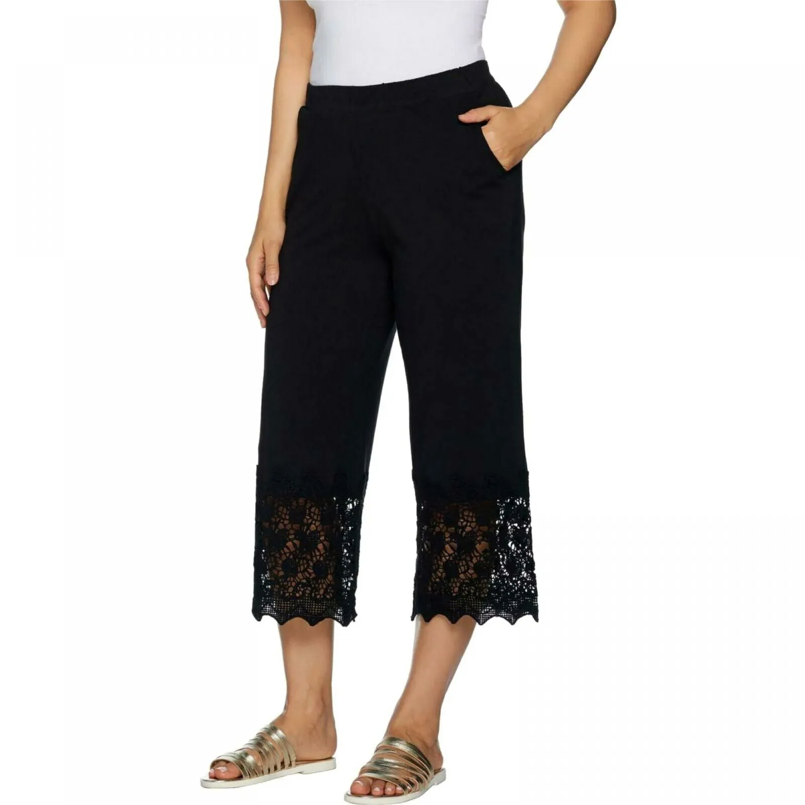 LOGO by Lori Goldstein Women's Knit Crop Pants With Crochet Detail