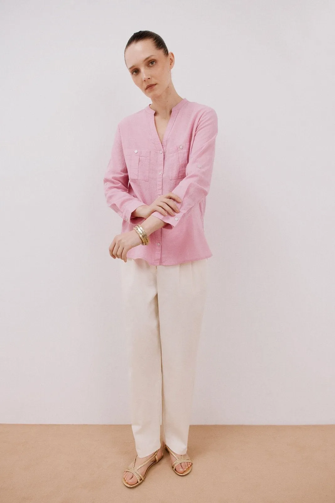 Long Sleeve Linen Shirt with Pockets - Purple/lilac