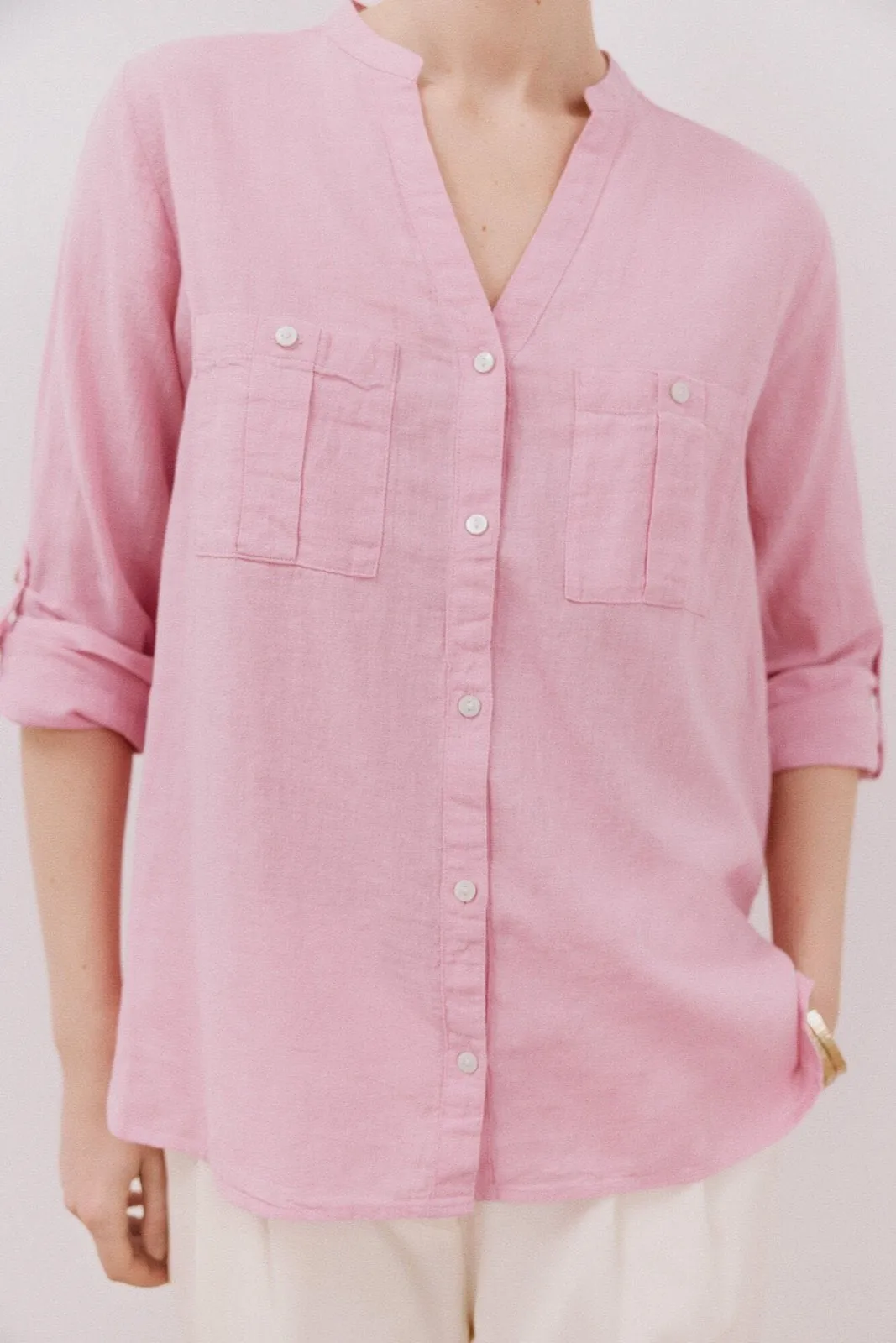 Long Sleeve Linen Shirt with Pockets - Purple/lilac