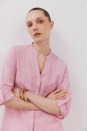 Long Sleeve Linen Shirt with Pockets - Purple/lilac