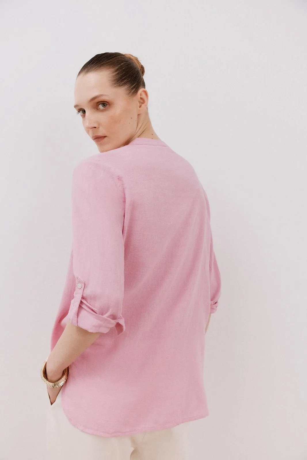 Long Sleeve Linen Shirt with Pockets - Purple/lilac