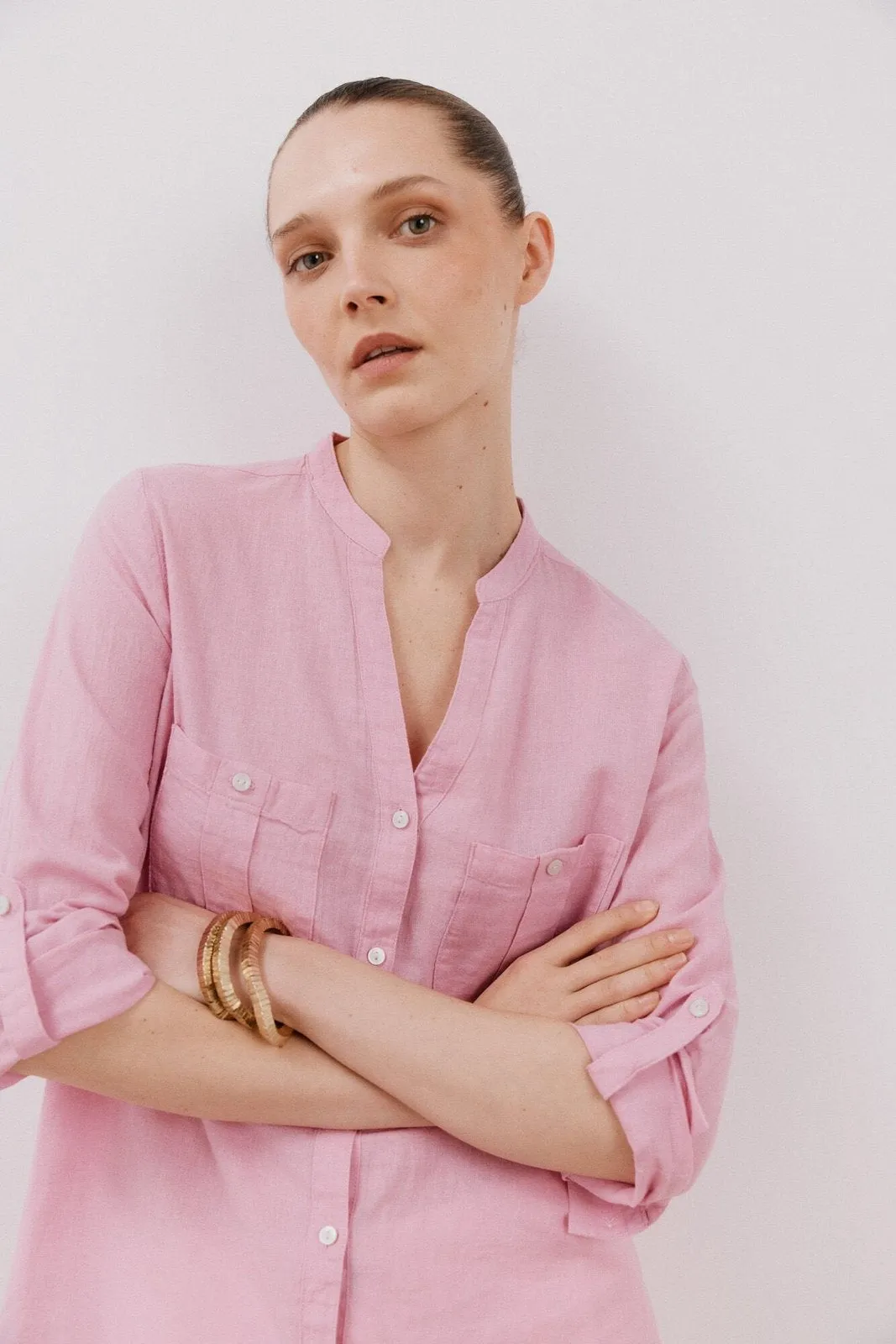 Long Sleeve Linen Shirt with Pockets - Purple/lilac