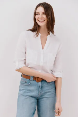 Long Sleeve Linen Shirt with Pockets - White