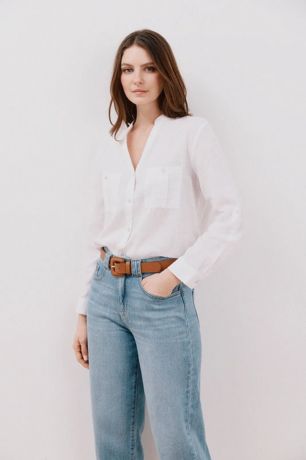Long Sleeve Linen Shirt with Pockets - White
