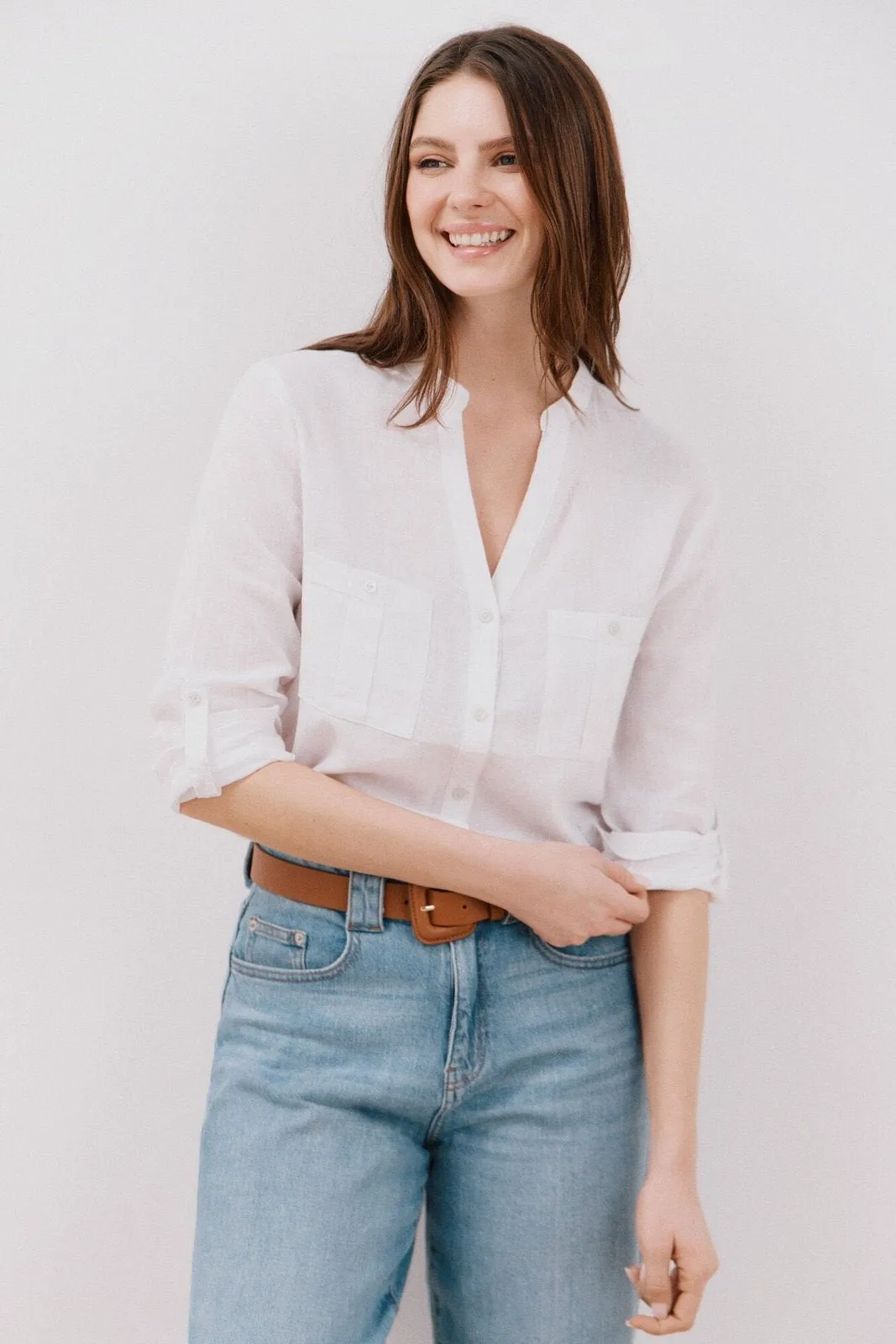 Long Sleeve Linen Shirt with Pockets - White