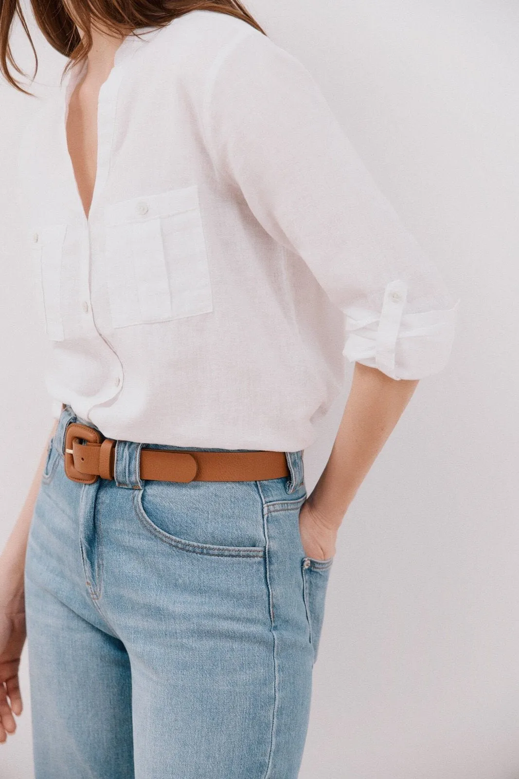 Long Sleeve Linen Shirt with Pockets - White