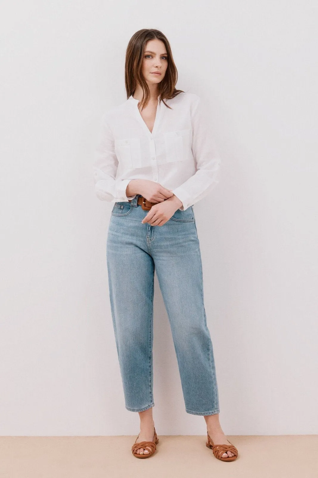 Long Sleeve Linen Shirt with Pockets - White