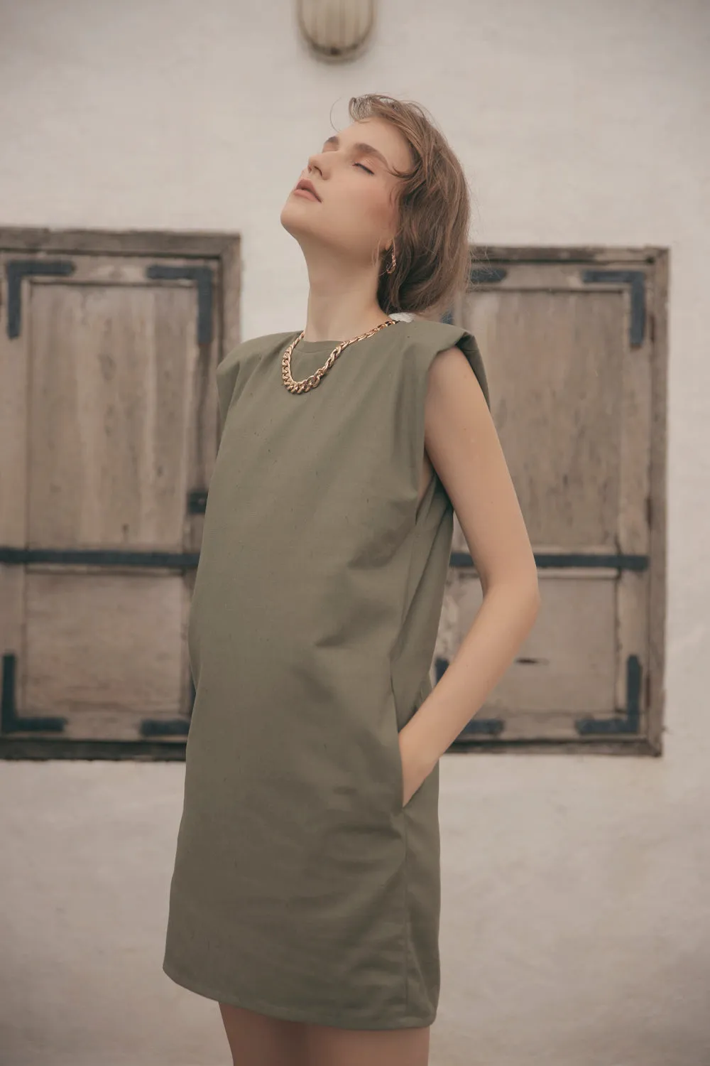 LUCIEN Padded Sleeve Tshirt Dress with Pockets (Olive)