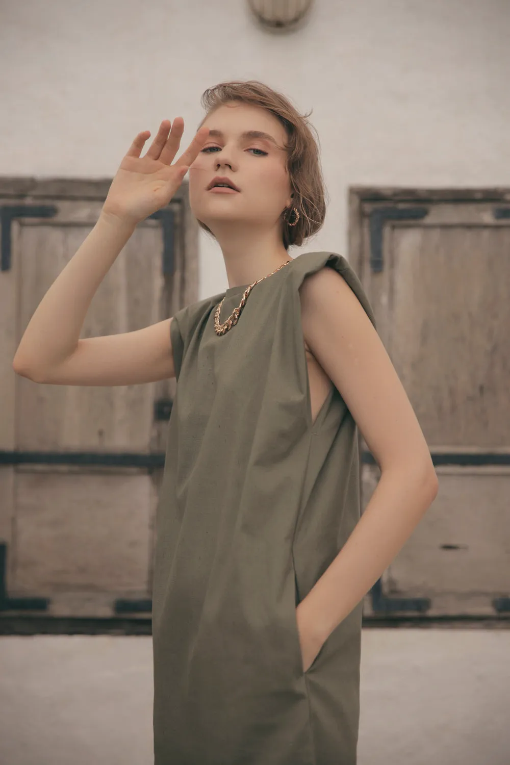 LUCIEN Padded Sleeve Tshirt Dress with Pockets (Olive)
