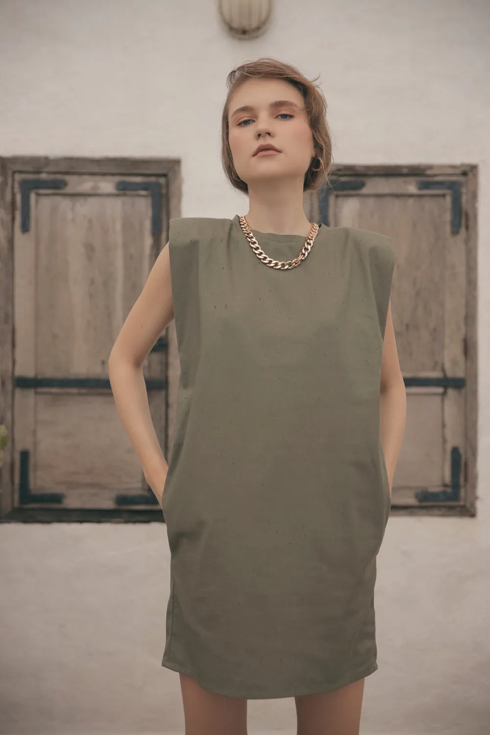 LUCIEN Padded Sleeve Tshirt Dress with Pockets (Olive)