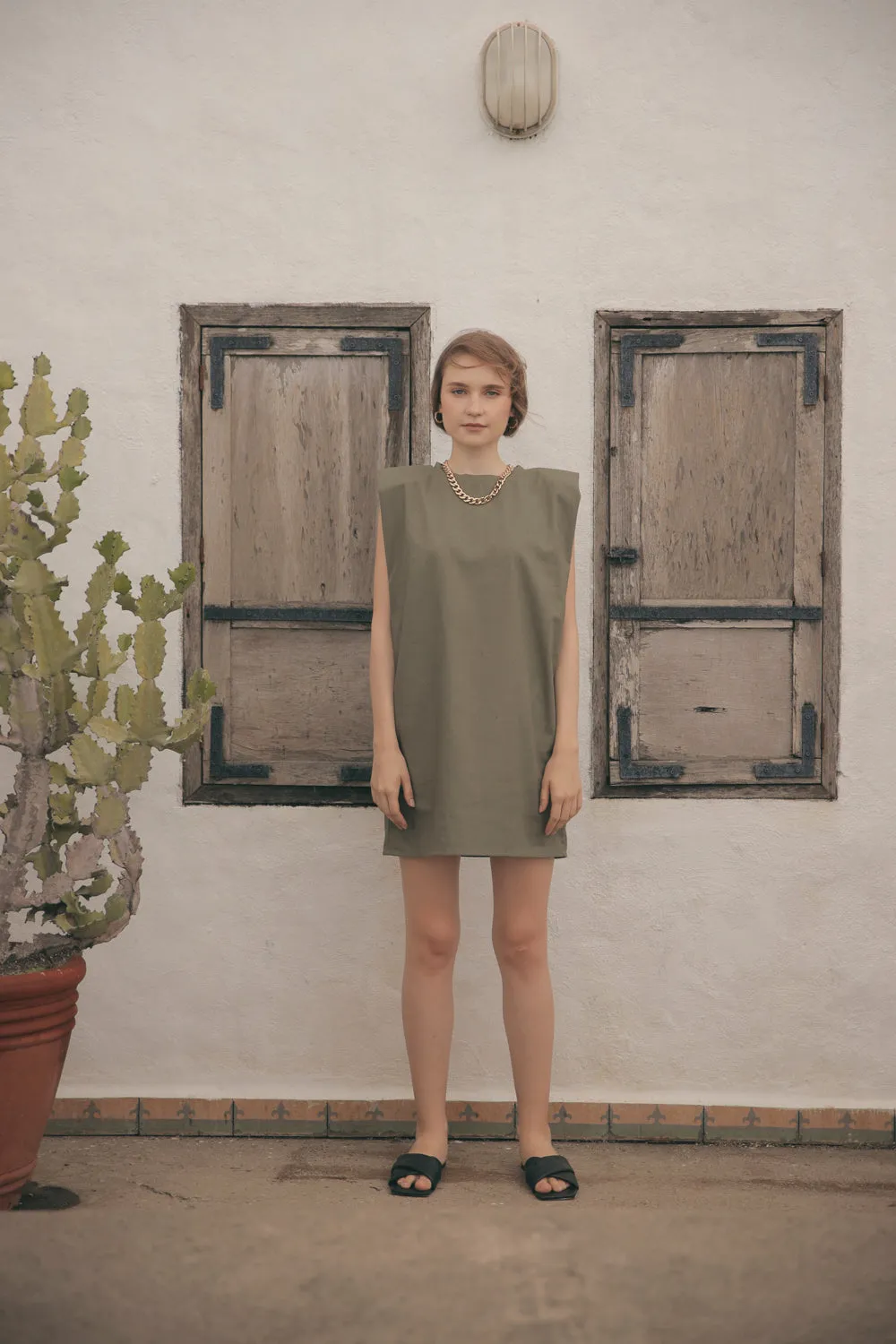 LUCIEN Padded Sleeve Tshirt Dress with Pockets (Olive)