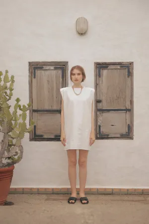 LUCIEN Padded Sleeve Tshirt Dress with Pockets (White Linen)