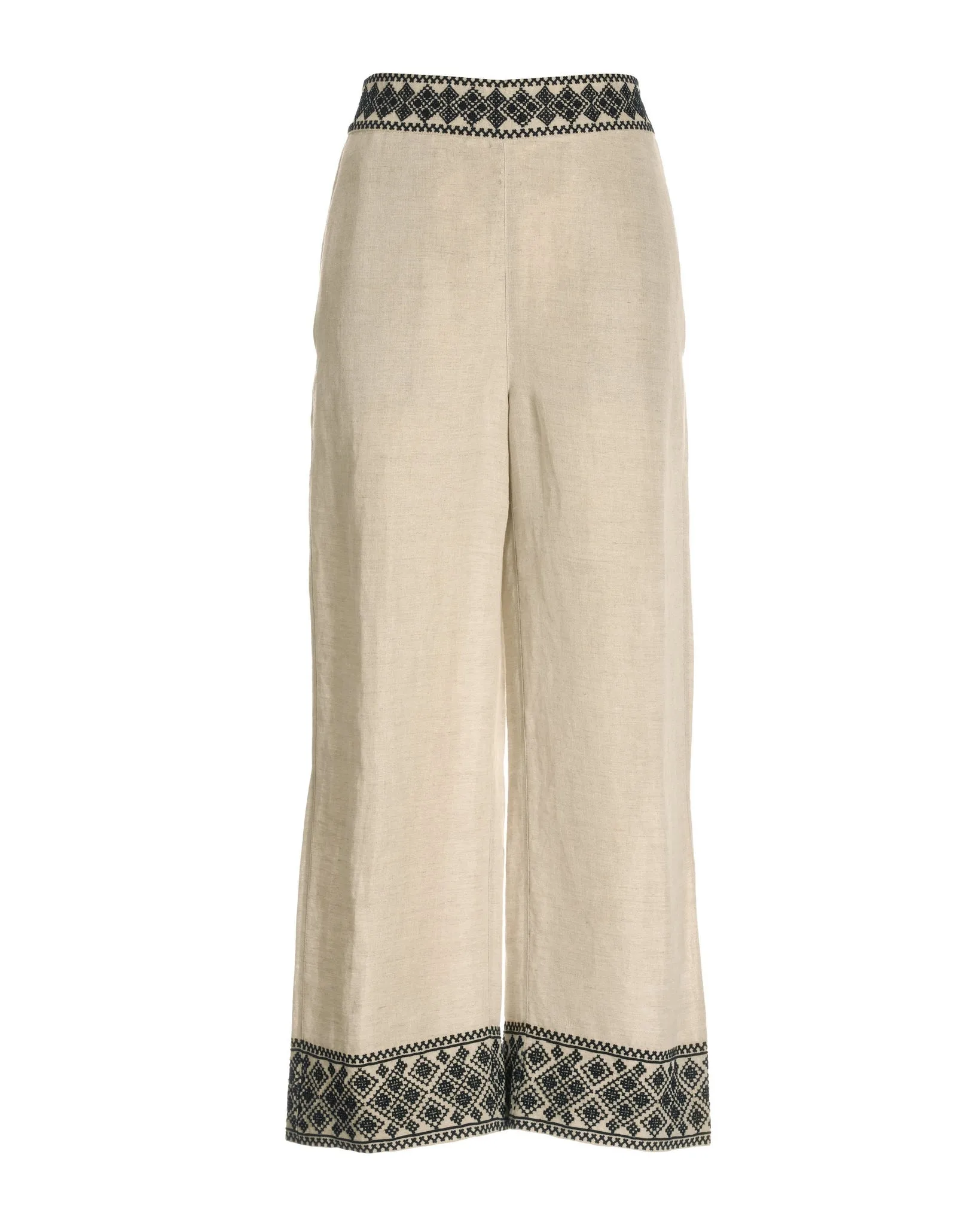 Malibu Embroidered Linen Pull On Crop Pant Flax/Black