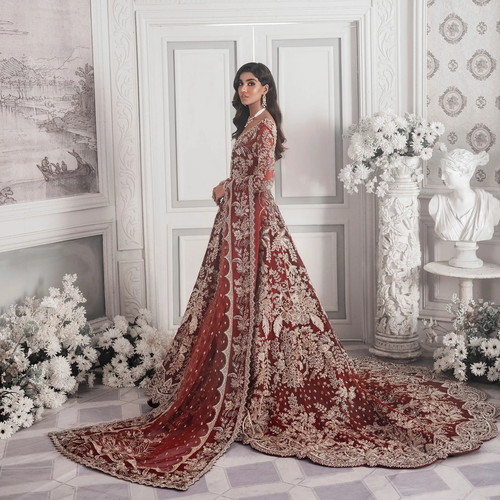 Maroon and Red Lehenga Maxi Dress Pakistani Bridal Wear