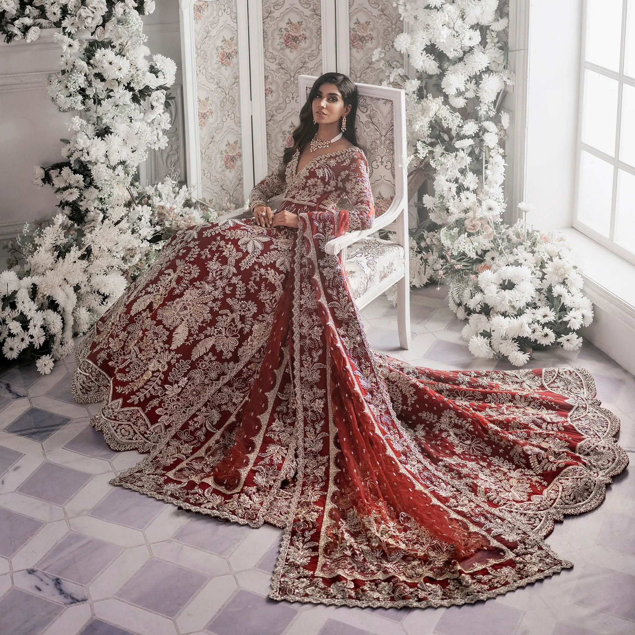 Maroon and Red Lehenga Maxi Dress Pakistani Bridal Wear