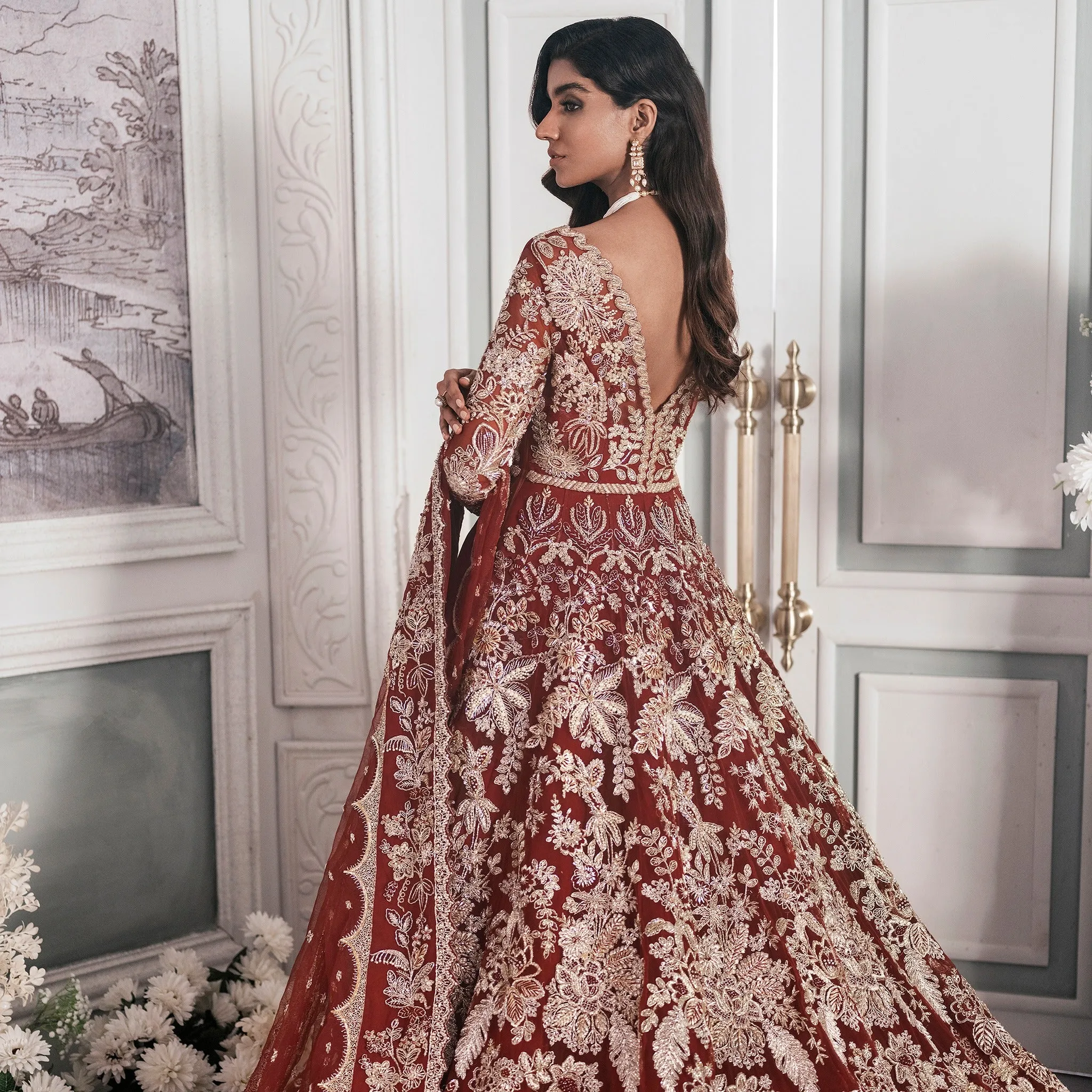 Maroon and Red Lehenga Maxi Dress Pakistani Bridal Wear