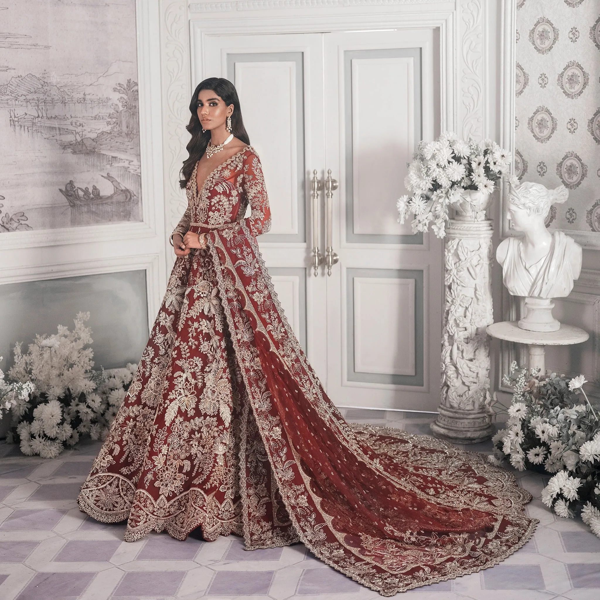 Maroon and Red Lehenga Maxi Dress Pakistani Bridal Wear
