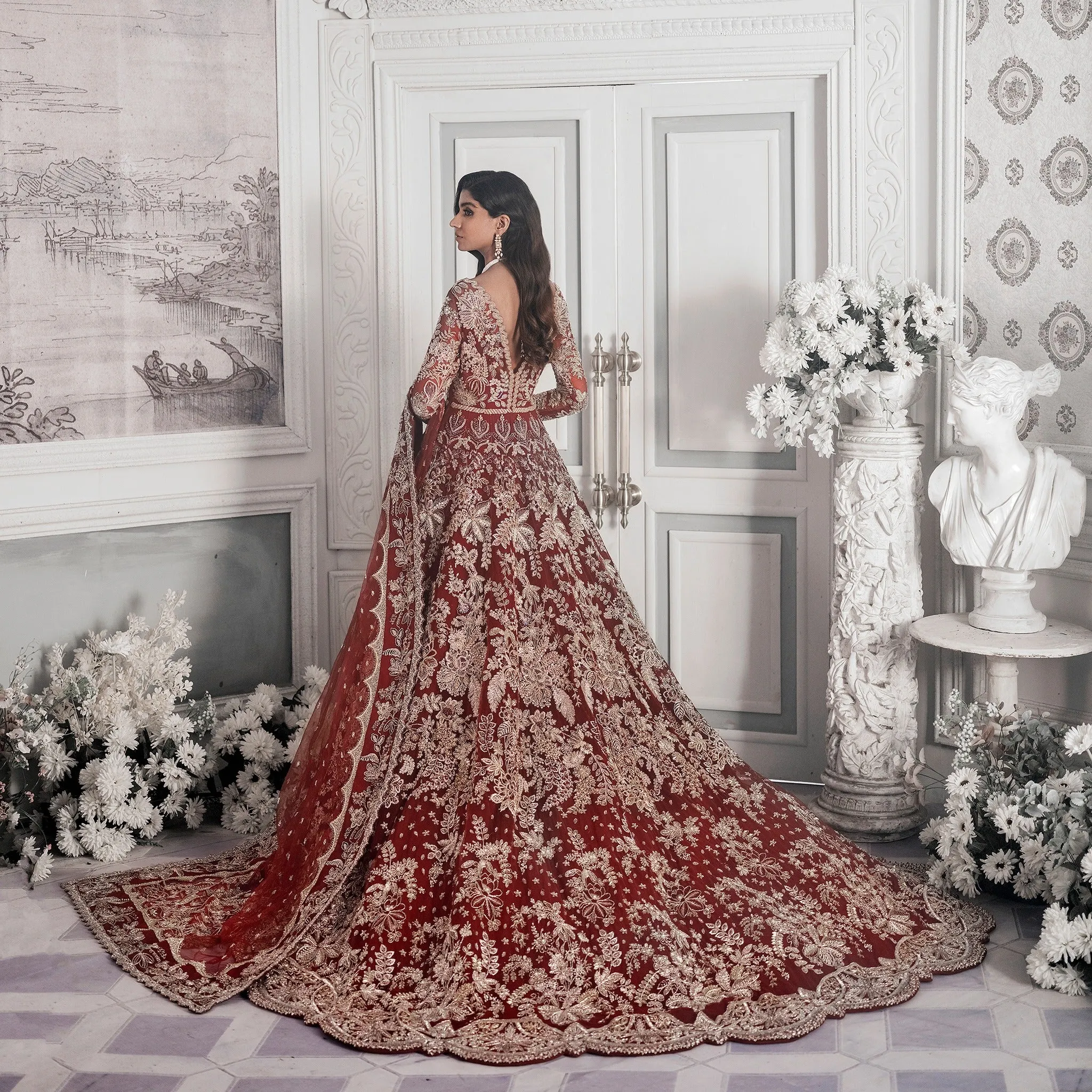 Maroon and Red Lehenga Maxi Dress Pakistani Bridal Wear
