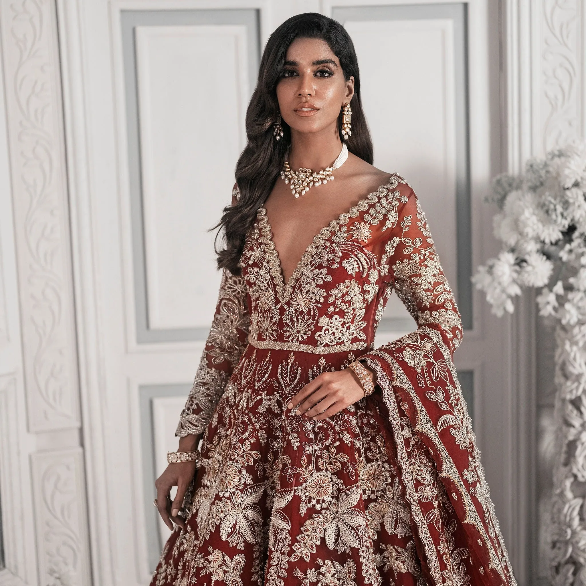 Maroon and Red Lehenga Maxi Dress Pakistani Bridal Wear