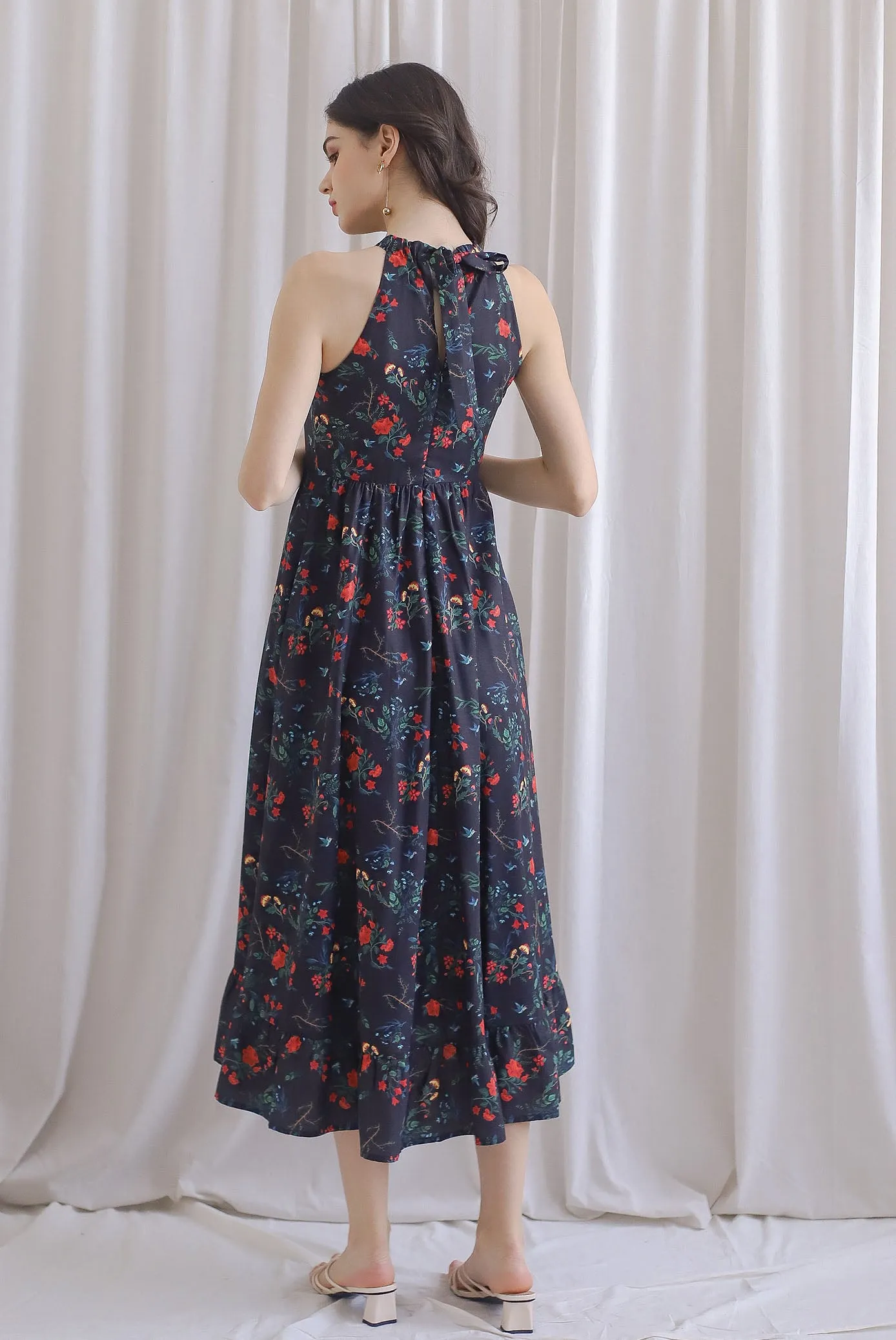 Marysa Halter Fishtail Dress In Black Floral