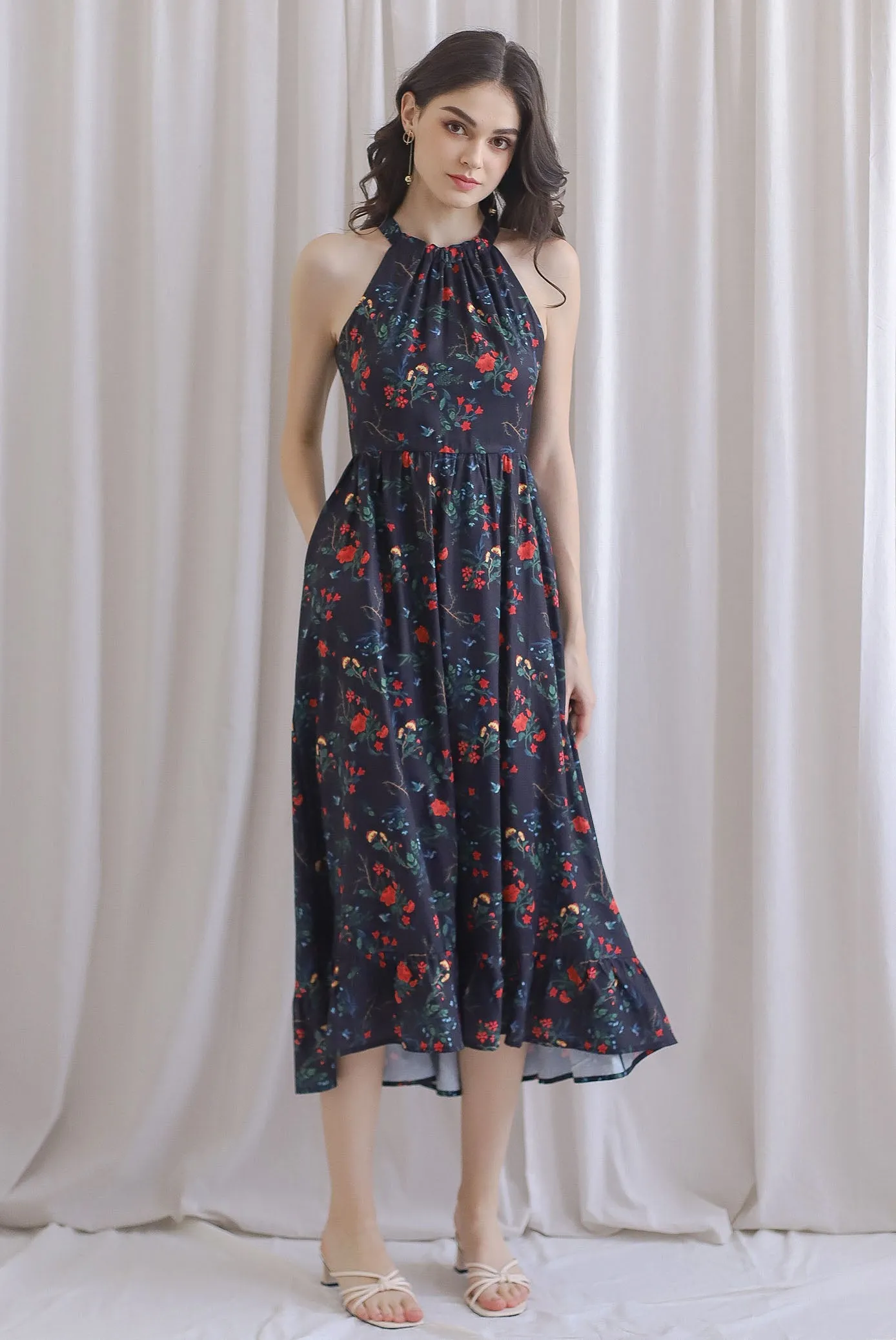 Marysa Halter Fishtail Dress In Black Floral