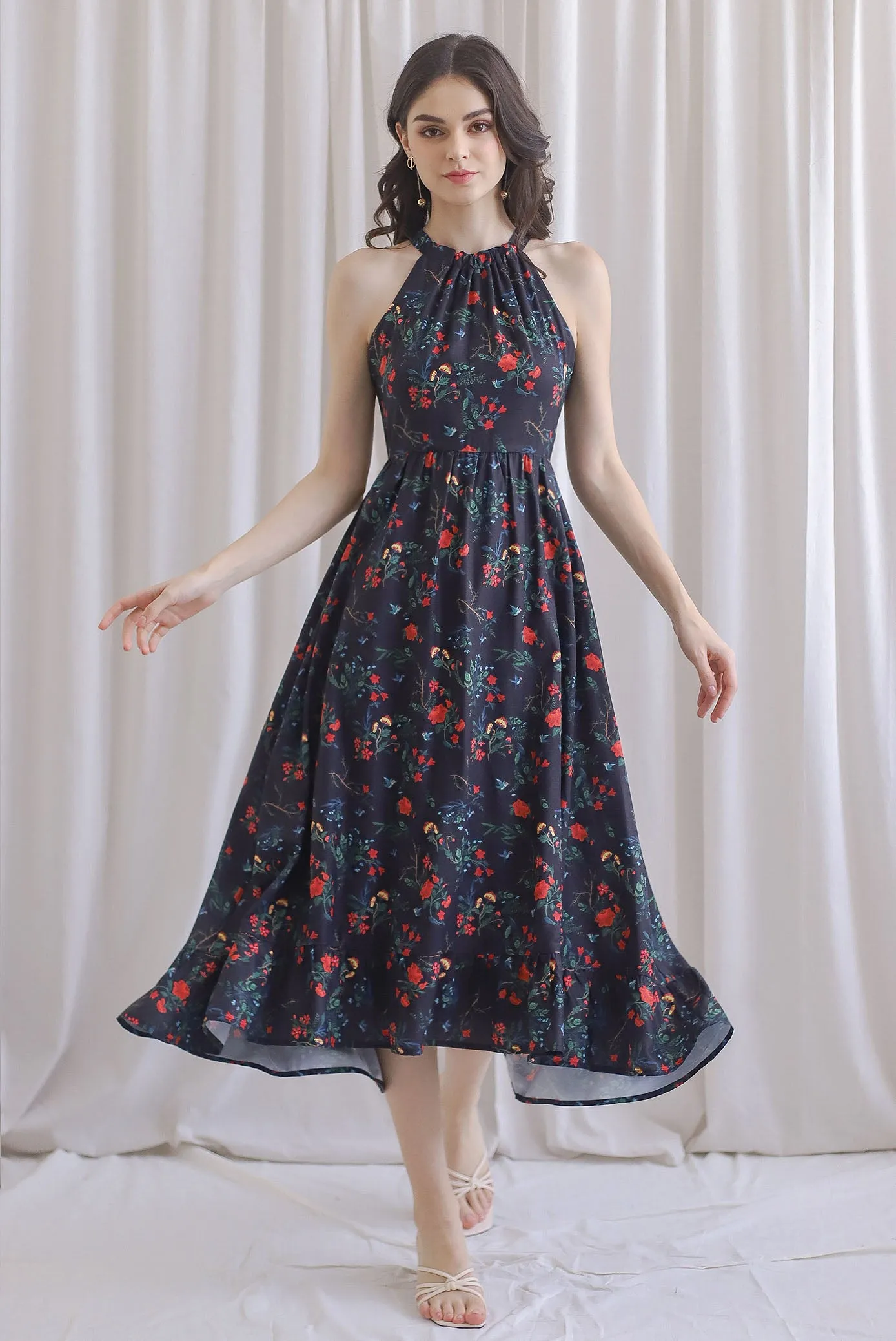 Marysa Halter Fishtail Dress In Black Floral