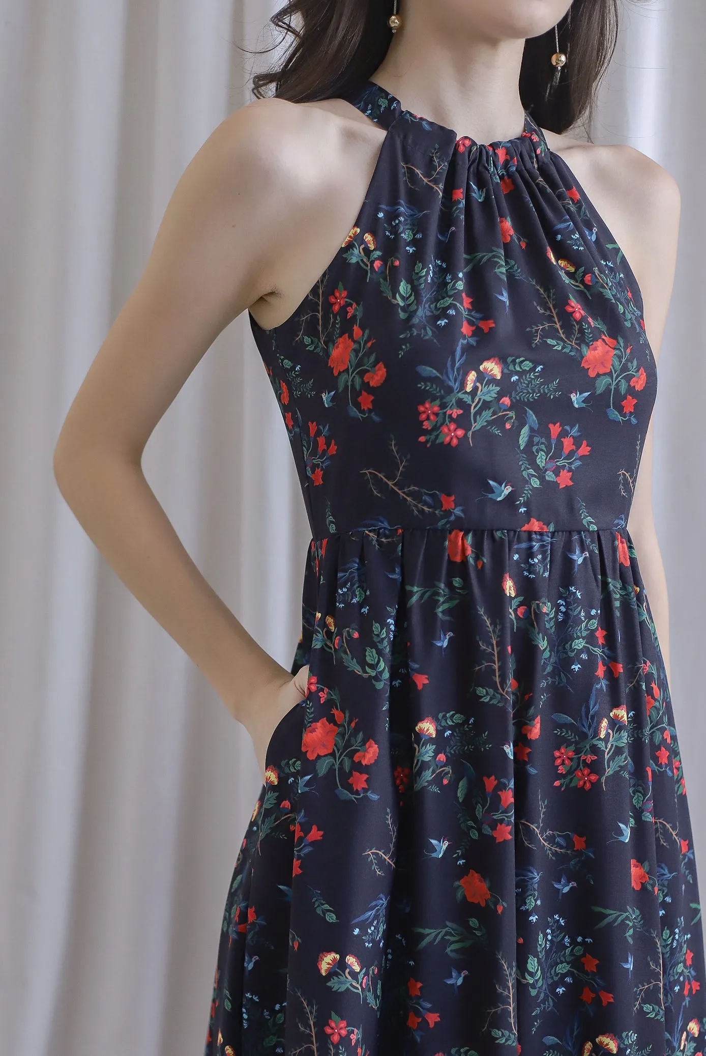 Marysa Halter Fishtail Dress In Black Floral